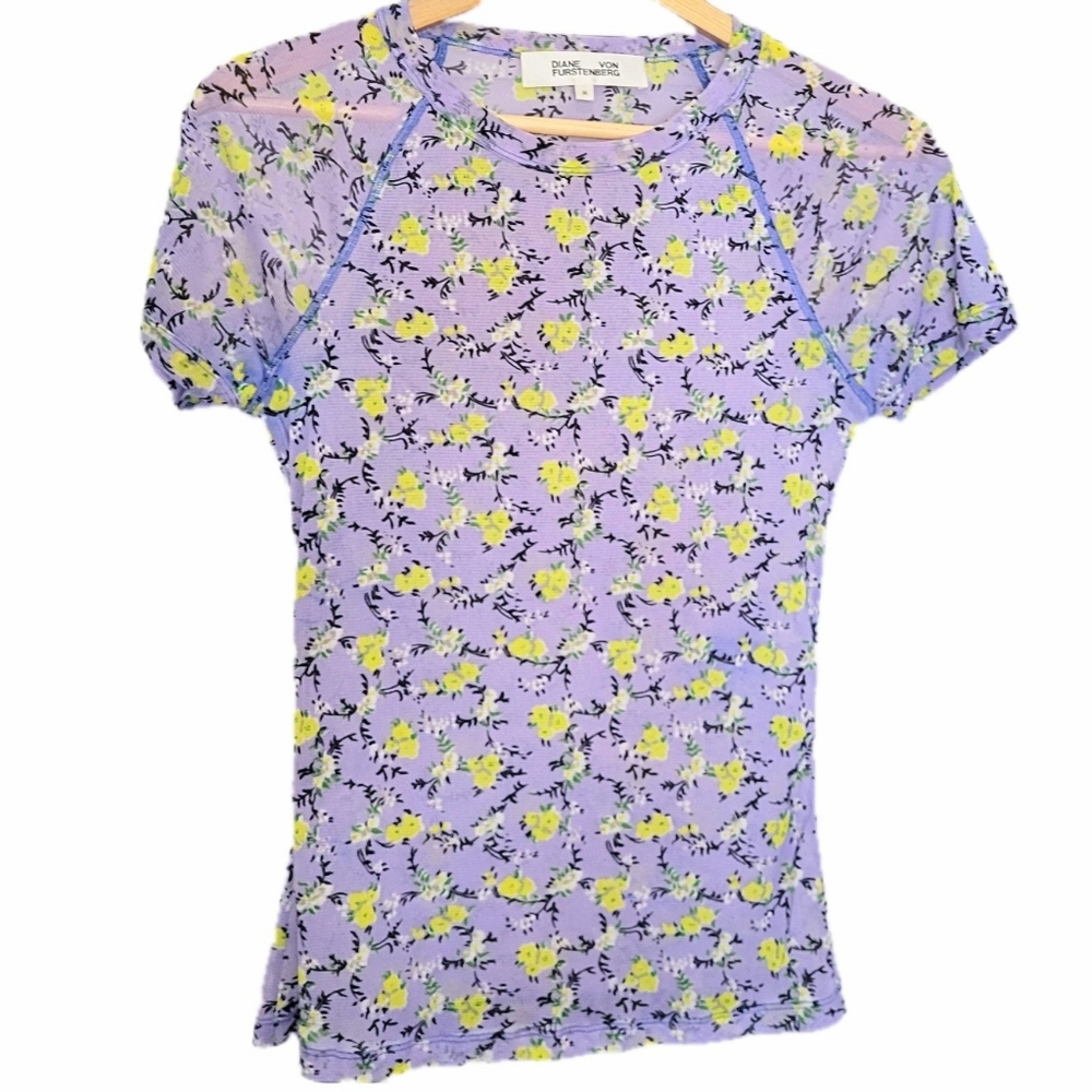 Diane Von Furstenberg Sheer Floral Short Sleeve Tops medium - Picture 2 of 6